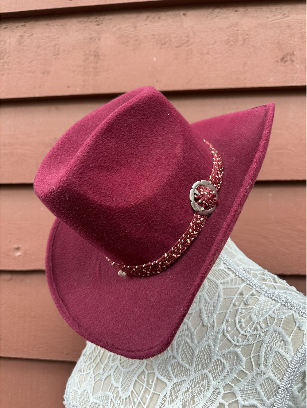 Vintage Burgundy Felt Cowboy Hat with Decorative Band